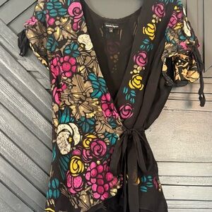 Nanette Lepore Black Floral Wrap Top - Pink, Teal, Yellow